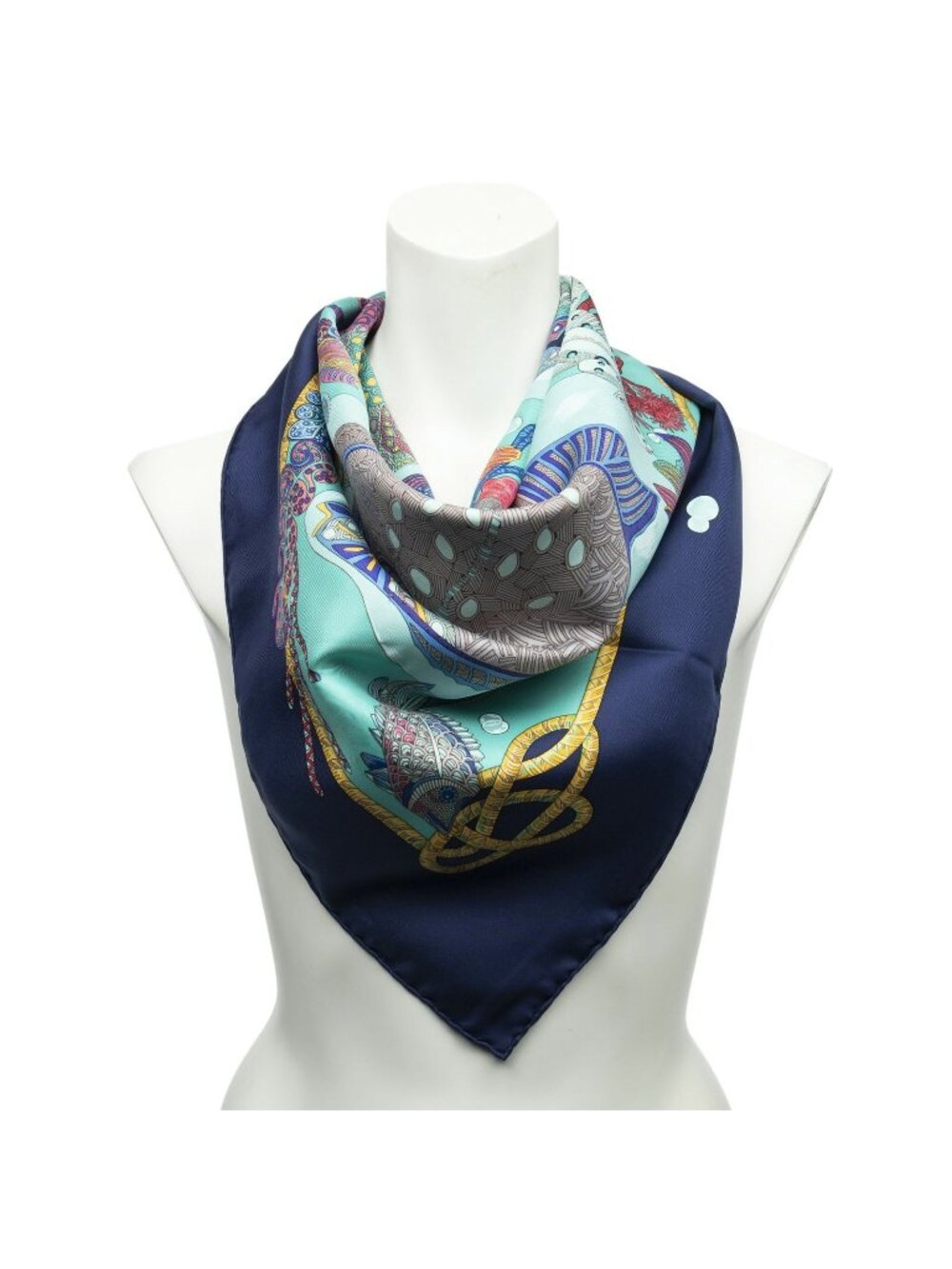 Hermes Scarf Teal Navy Yellow Twill Silk